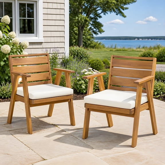Christopher Knight Home Outdoor Acacia Wood Dining Arm Chairs with Cushions, Teak Beige, Set of 2