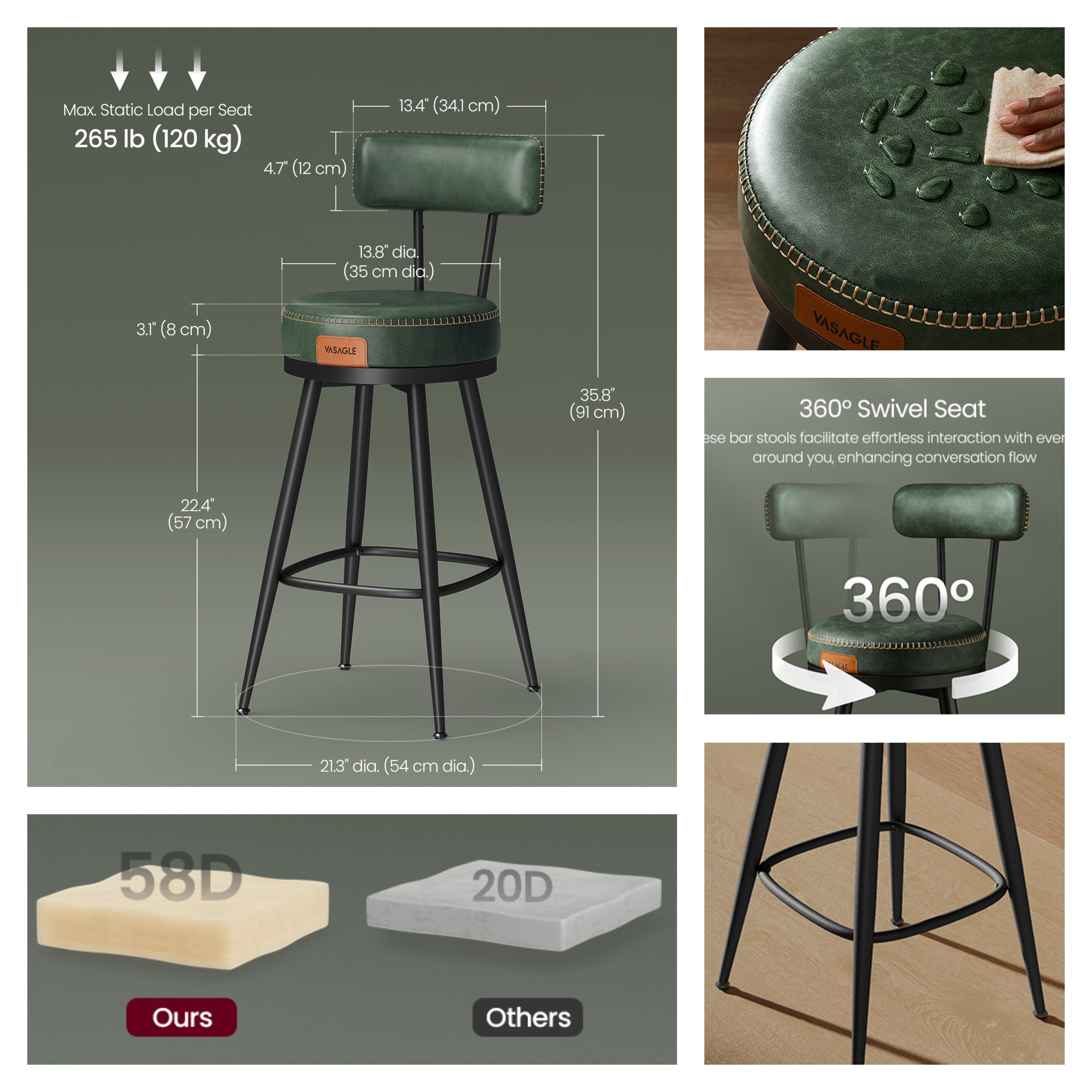 LEDREM 2-Pack Award-Winning Bar Stools - 360° Swivel, 3.1" Plush Seat, Mid-Century Design, Scratch-Resistant, Forest Green