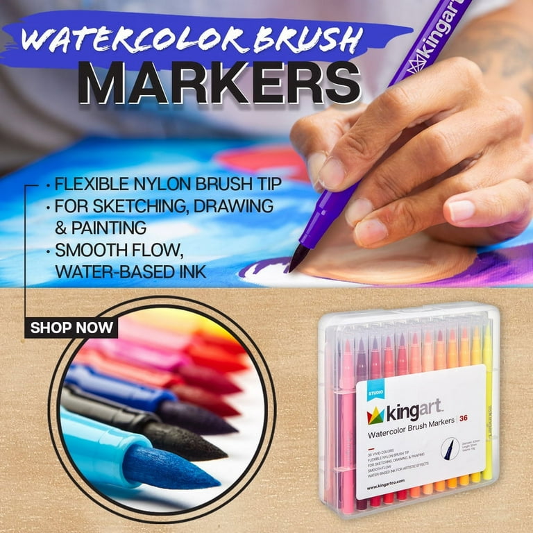 KINGART Watercolor Brush Markers • 12 Vivid Colors, Water-Based Ink