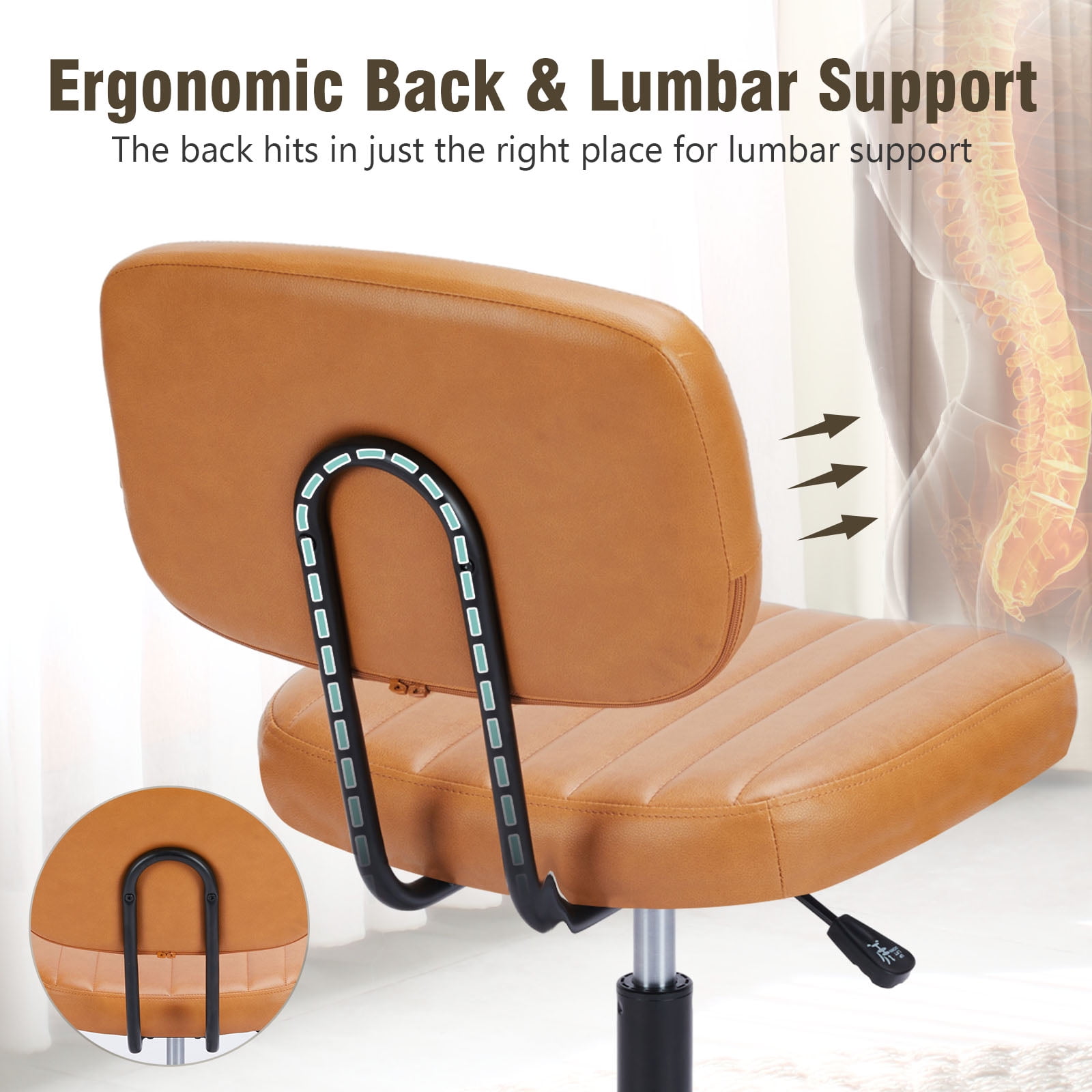 Gianna Armless Office Chair – Adjustable Rolling Task Chair with Lumbar Support for Comfortable All-Day Sitting, Brown
