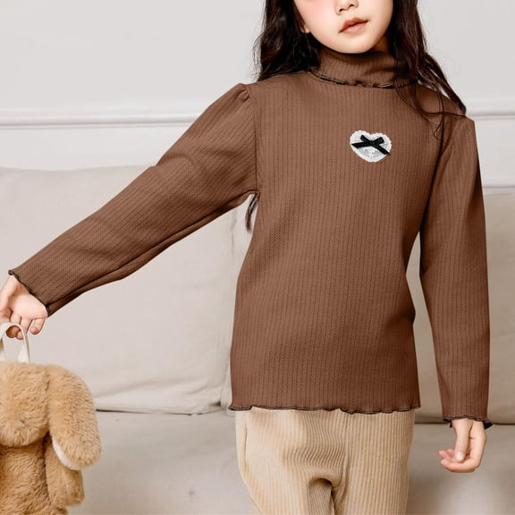 hengsof Girls' Autumn and Winter Shirt, Heart-Shaped Bow Printed Long-Sleeved Turtleneck Top, Cute Children'S Shirt,3-9 Years