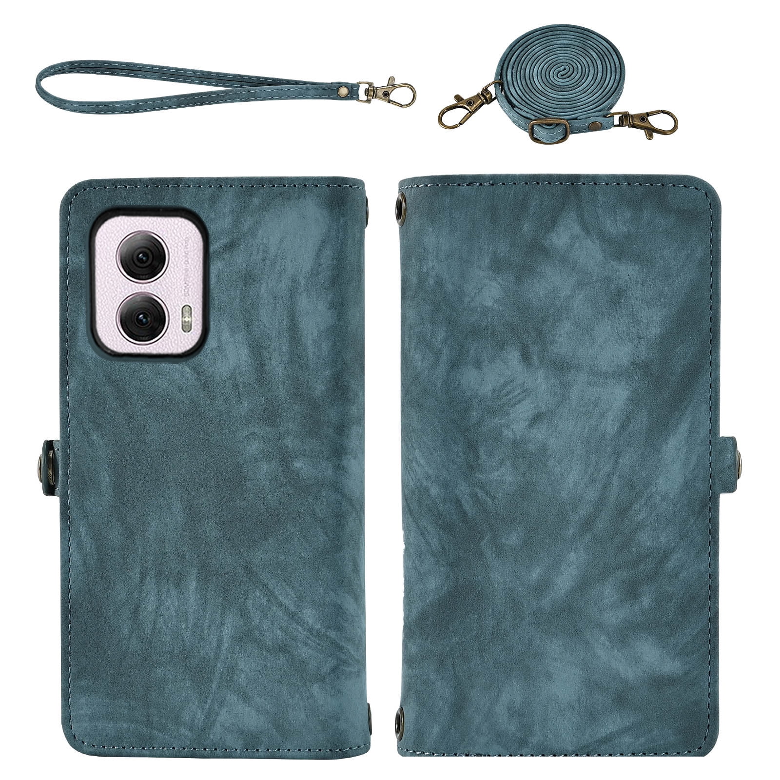 Asuwish Compatible with Motorola Moto G Power 5G 2024 Phone Case Zipper Wallet Detachable Tempered Glass Screen Protector Crossbody Lanyard Strap Flip Card Holder Cell Cover for G5 Women Girls Blue