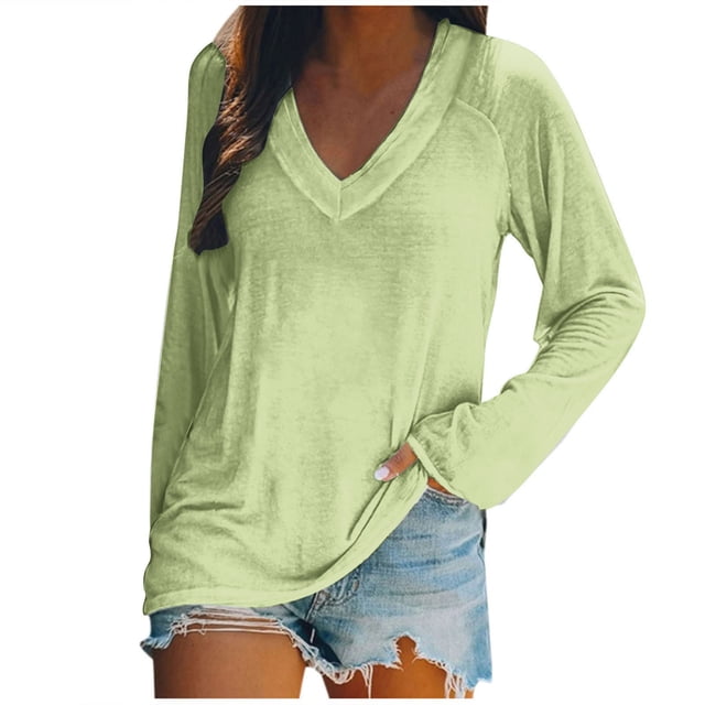 AherBiu Womens T Shirts V Neck Loose Fitted Long Sleeve Basic Tee Oversized Comfy Fall Tops Solid Color