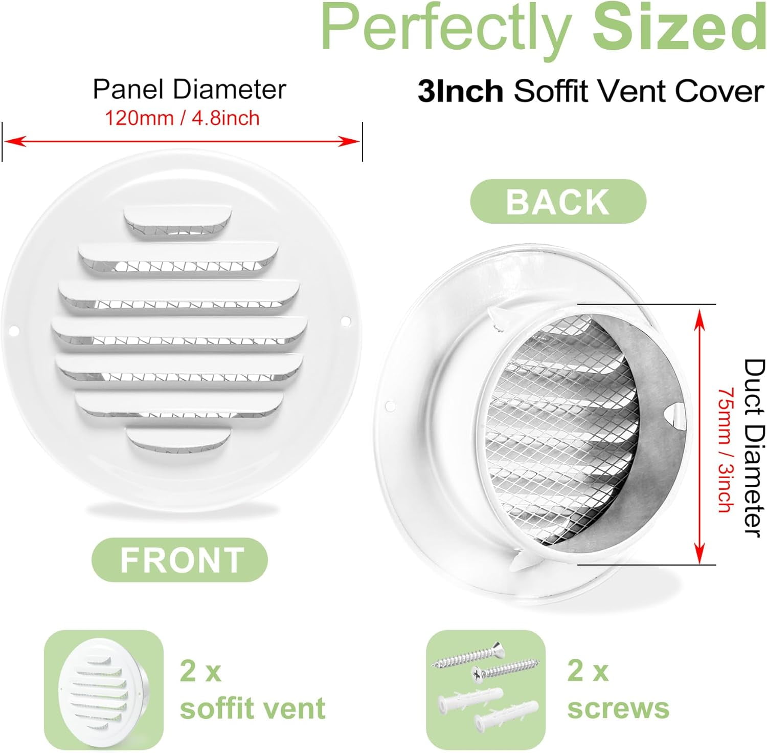 ABCISI 3 Inch Round Soffit Vent Cover, Stainless Steel Air Vent Cover Louvered Grille Cover Air Vent Wall Outlet with Built-in Fine Mesh for HVAC Ventilation (White, 75mm - 2PCS)