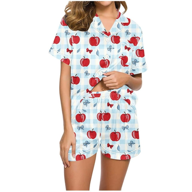 Ensembles de Pyjamas en Coton pour Femmes Chemises à Rayures à Col Rabattu Manches Courtes Hauts Ultra Doux Texturés Vêtements de Nuit Athlétiques Extensibles Boxeurs à Taille Élastique avec Cordon de Serrage Été Femmes 2 Pcs Chemise de Nuit