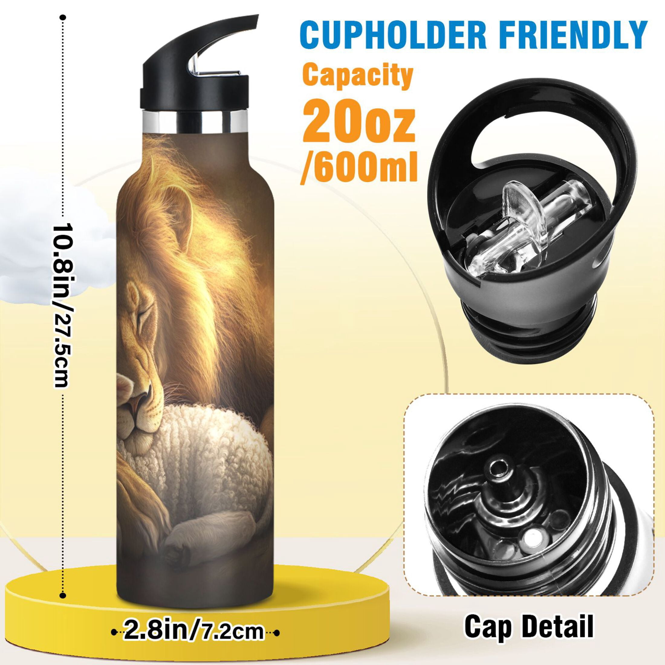 600ML Stainless Steel Insulated Cup Sports Water Bottle Portable Thermos Cup Water Glasses Insulated Tumblers Convenient and Durable Lion Sheep