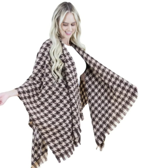Chic Khaki Houndstooth Ruana Wrap | All-Season Poncho | One Size Fits All