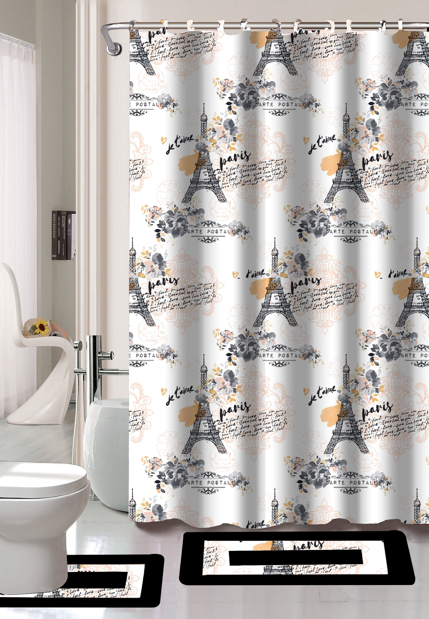 Paris Black & White 15-Piece Bathroom Accessory Set 2 Bath Mats Shower Curtain 