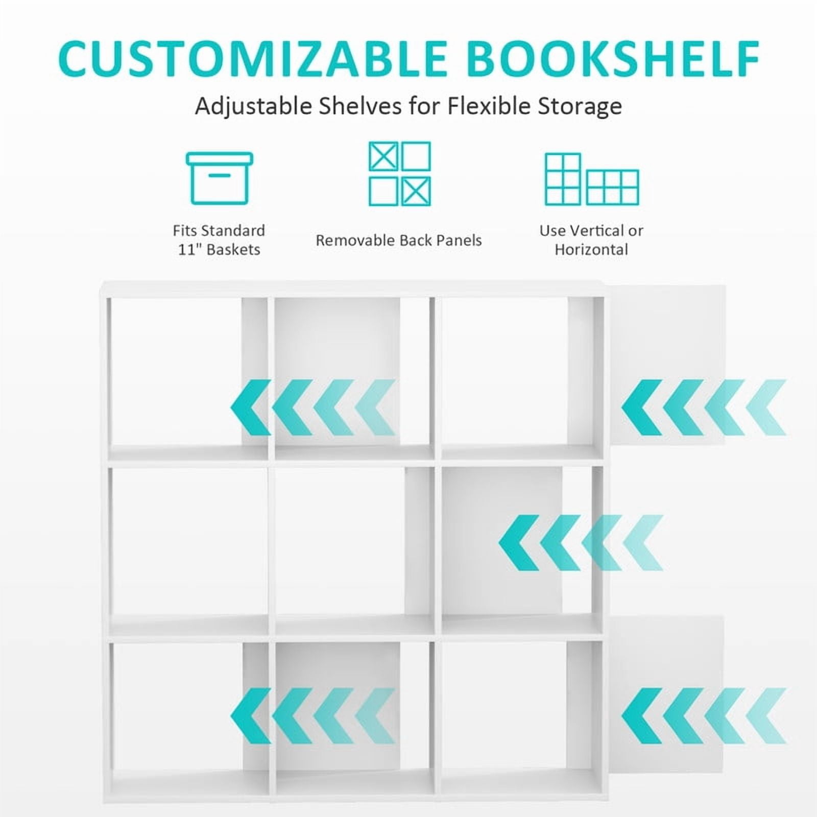 TINKLE WELL 9-Cube Storage Shelf Organizer, Bookcase with Removable Back Panels, Adjustable White Wood Bookcase for Living Room, Home Office, White