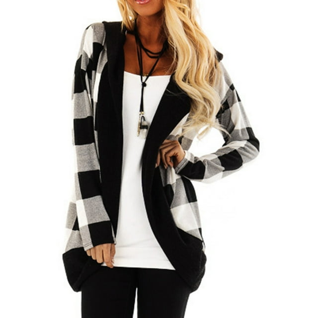 Cardigan à Capuche pour Femmes à Carreaux Mode Veste à Manches Longues Blouse