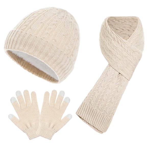 Prolriy Set Beanies Hats Men Women New Winter Thickened Warm Hat Scarf for Women Glove Knitted Three Piece Set Beige