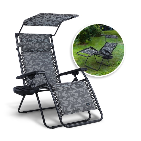Bliss Hammocks 33" Wide Zero Gravity Chair W/ Canopy, Drink Tray, & Pillow (Platinum Fern)
