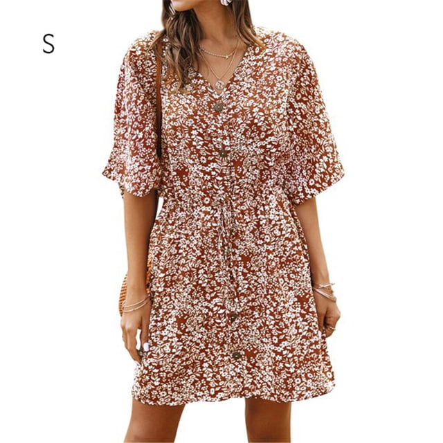 Robe pour Femme à Col en V, Robe d'Été, Vêtements pour Fille, Robe à Manches Courtes à Imprimé Floral, Orange, P