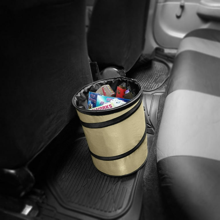 FH Group Auto Car Portable Collapsible Trash Can, Universal Car Garbage Bin,  Compact Size, Durable, Leakproof & Waterproof - Beige Large 