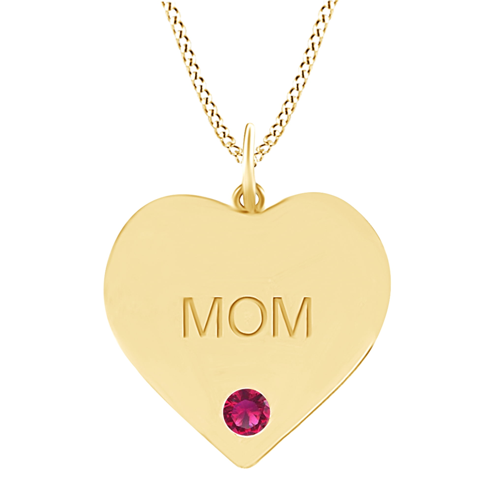 Mother's Day Jewelry Gifts Round Simulated Ruby Engraved "MOM" Heart Pendant Necklace In 10k