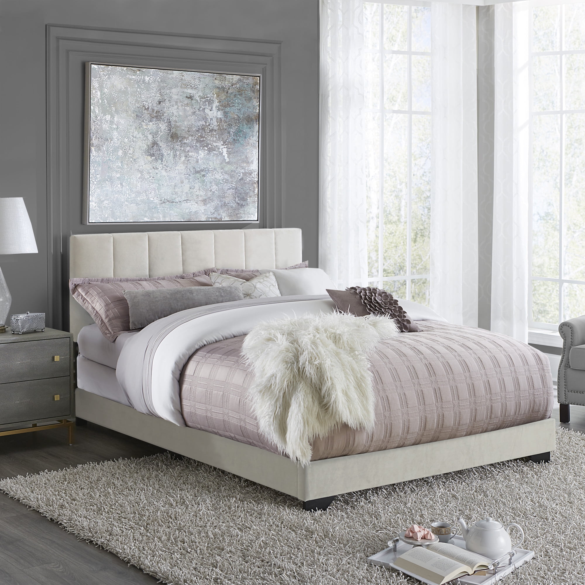 Reece Channel Stitched Upholstered Queen Bed, Black, by Hillsdale Living Essentials