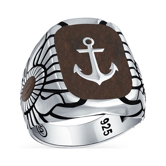Bling Jewelry Mens Nautical Etched Brown Wood Inset Large Boat Anchor Signet Ring Sterling Silver