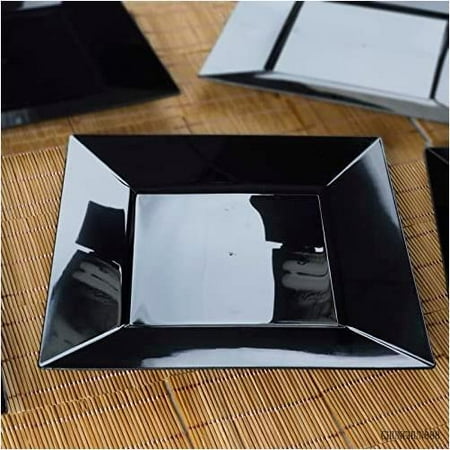 

Efavormart 50 Pack - 10 Modern Black Square Plastic Disposable Dinner Plates With Glossy Finish