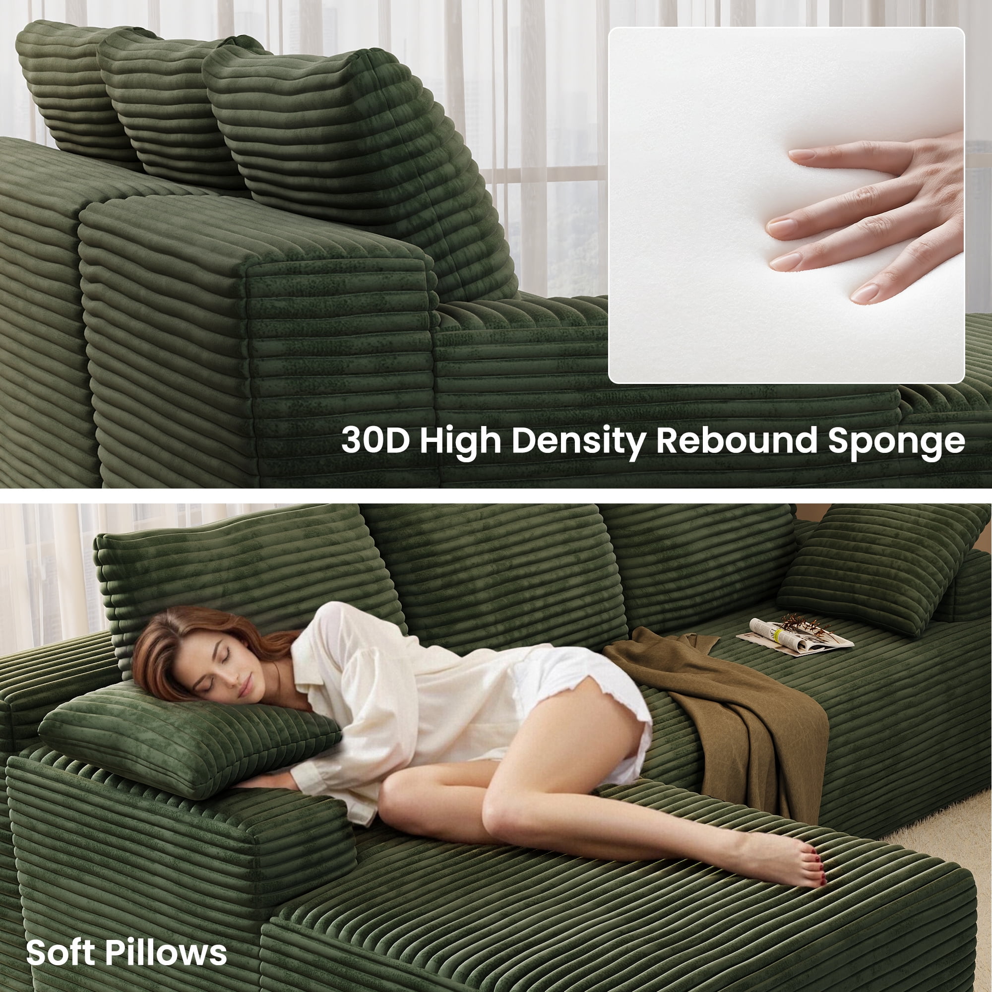104" Cloud Sectional Couch with L-Shape Chaise, Modern Modular Sofa with Deep Seat, Upholstered Couches with Back Cushion for Living Room Bedroom, No Assembly Required, Green (Corduroy Fabric)