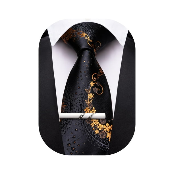 Corbata Barry.Wang Negra Dorada Floral 150 cm con Clip