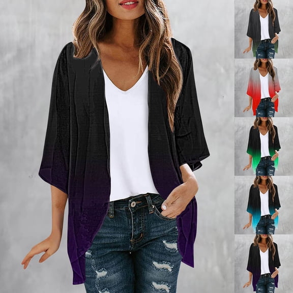 UVEASISHA Womens Kimonos for Summer Cardigan for Women Lightweight Basic Solid 3/4 Sleeve Duster Cardigans Casual Comfort Open Front Kimonos Cover Up Blouse,Blue,2XL