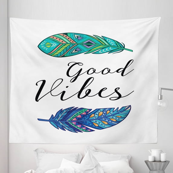 Chill Tapestry, Boho Art Style Feathers with Feathers Hand Writing Type Native Tribal, Fabric Wall Hanging Decor for Bedroom Living Room Dorm, 5 Sizes, Multicolor, by Ambesonne