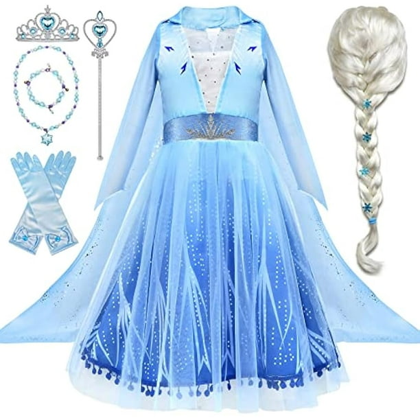 Tacobear 10 Piezas Vestido de Disfraz de Elsa Frozen para Ninas Ninos Ropa de Vestir de Princesa para Ninas Pequenas con Accesorios de Elsa Guantes Varitas de Corona Collar de Peluca para