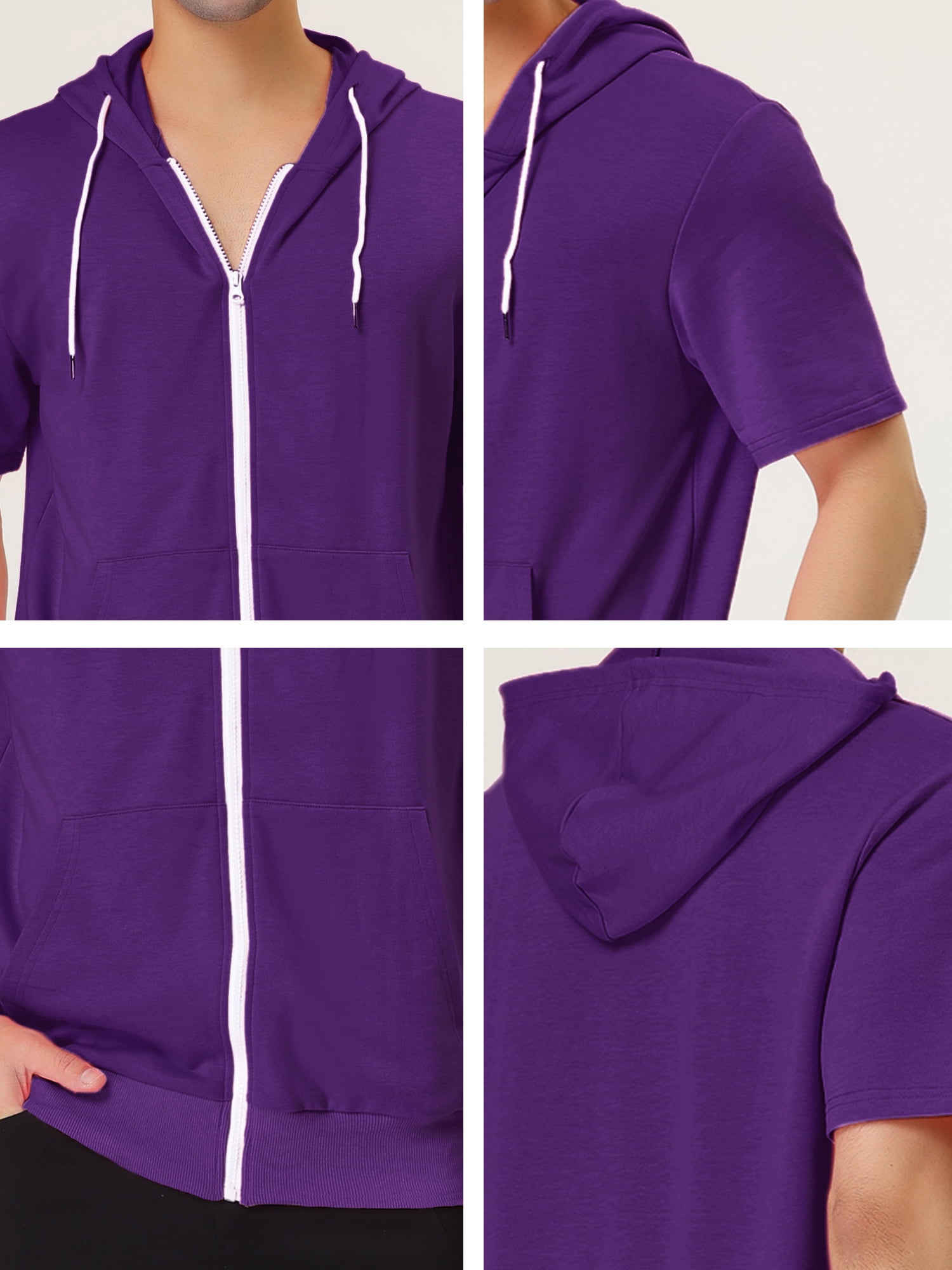 Unique Bargains Men's Short Sleeve Solid Color Zip Up Sport Hoodies XL Purple