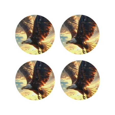 

Tebeau Golden Sky Bald Eagle Print Set of 4 Leather Drink Coasters Round Cup Mat Pad for Home and Kitchen Use 4 -Round Shape