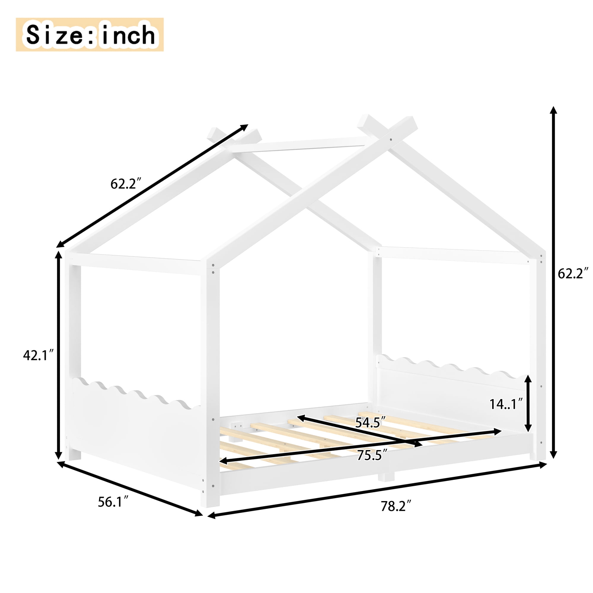 Leumius Full Size House Shape Bed,Montessori House Bed Solid Wood Floor Bed for Kids,No Box Spring Needed,Light White