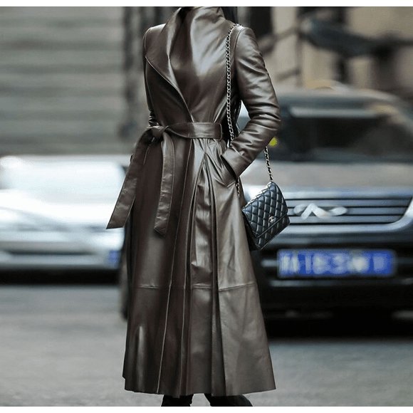 Long Brown Black Soft Faux Leather Trench Coat for Women Belt Skirted Elegant Luxury Fashion Autumn Winter - Brown / 7XL