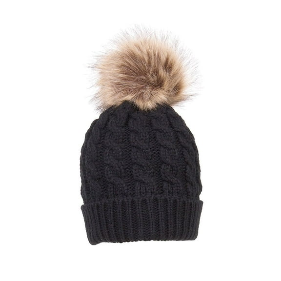 Karen Keith Beanie, Slouchy Warm Winter Hat, Cable Knit with Removeable Pom-Pom on Top POM3 LTC Hats (Black A)