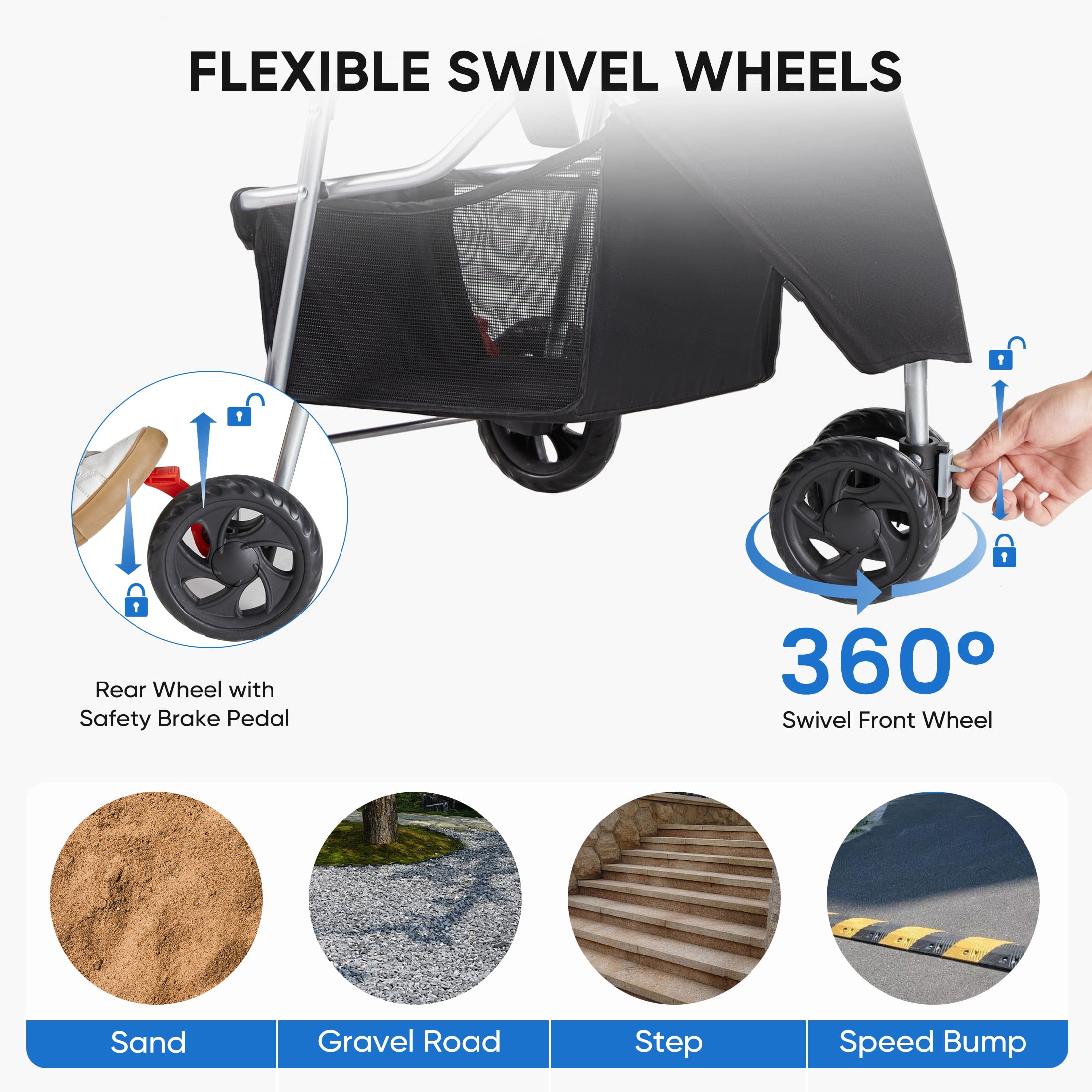 edx 3 Wheels Pet Stroller, Dog and Cat Strollers, With Storage Basket and Cup Holder, Lightweight Travel Carrier, Breathable Mesh, Waterproof and Foldable for Small Pets Outdoor Walk, Black