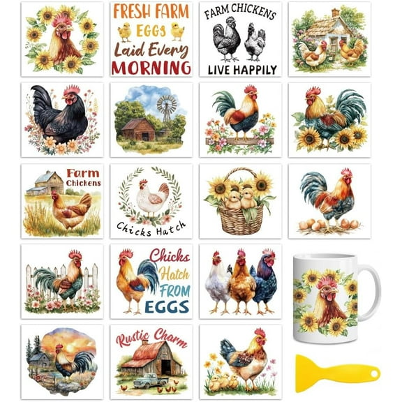 18 Sheets Rub On Transfers for CraftsFarm Chicken UV DTF Cup Wrap Waterproof Cold Transfers Stickers for Wood Glass Home Decor 3.6 * 3.9inch Mixed Color