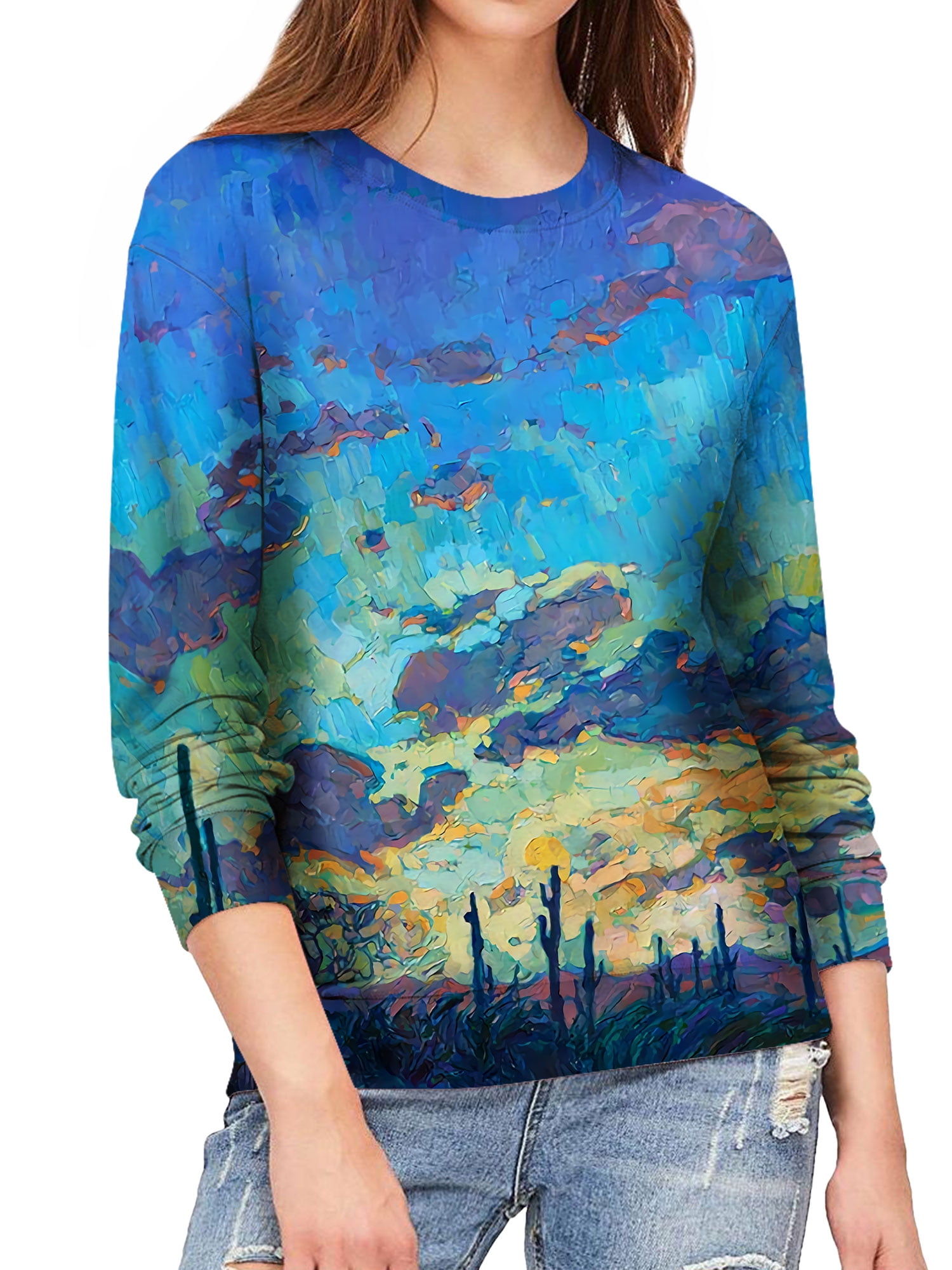 TWZH Women Landscape Graphic 3D Print Crew Neck Long Sleeves Top