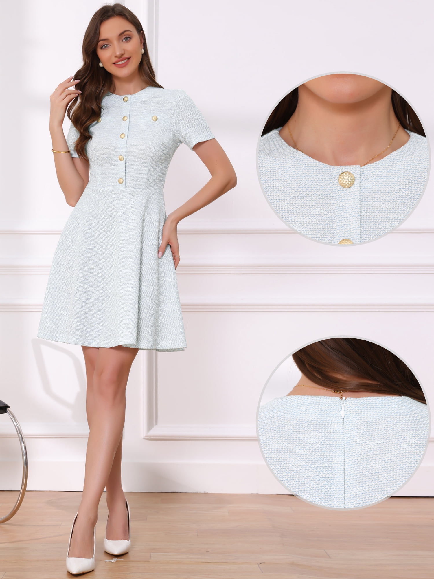 DARING DIVA Women's Plaid Tweed Button Up Round Neck Short Sleeve Dress M Light Blue