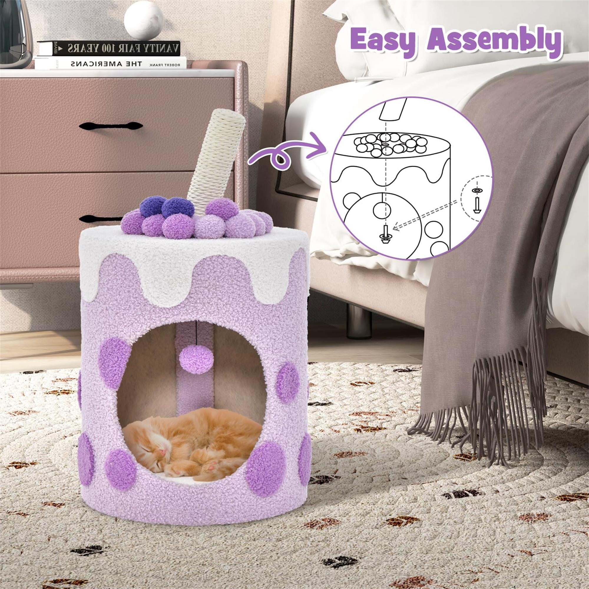 Kadyn 27" Cat Cave Bed with Scratching Post, Cat House for Indoor Cats, Modern Cat Condo Cat Nest Cute Prevents Furniture Damage Cat Shelter, Purple and White