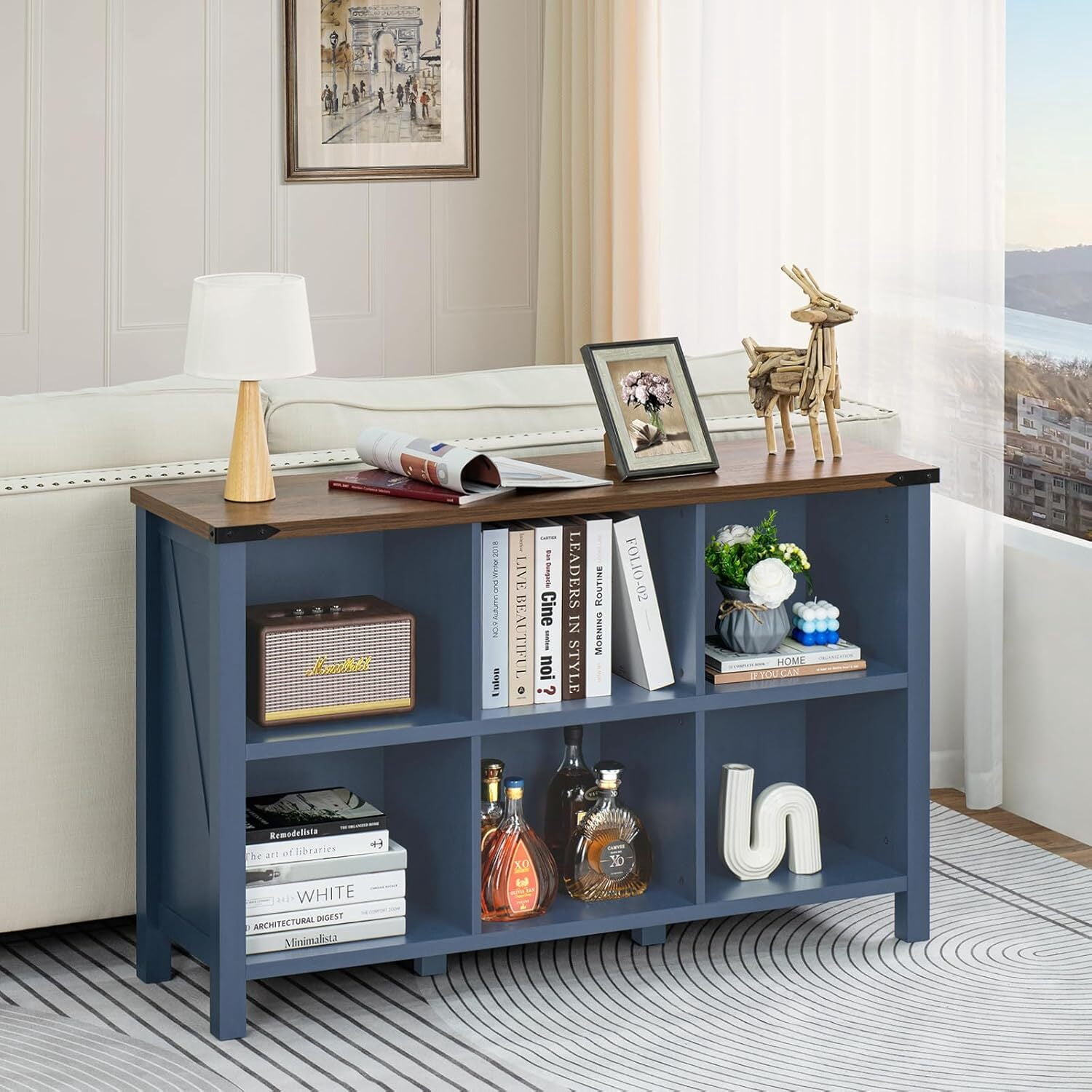 Joaxswe 6-Cube Storage Organizer, 3-Tier Farmhouse Bookshelf, Wood Display Bookcase for Living Room, Bedroom, Office, Navy Blue