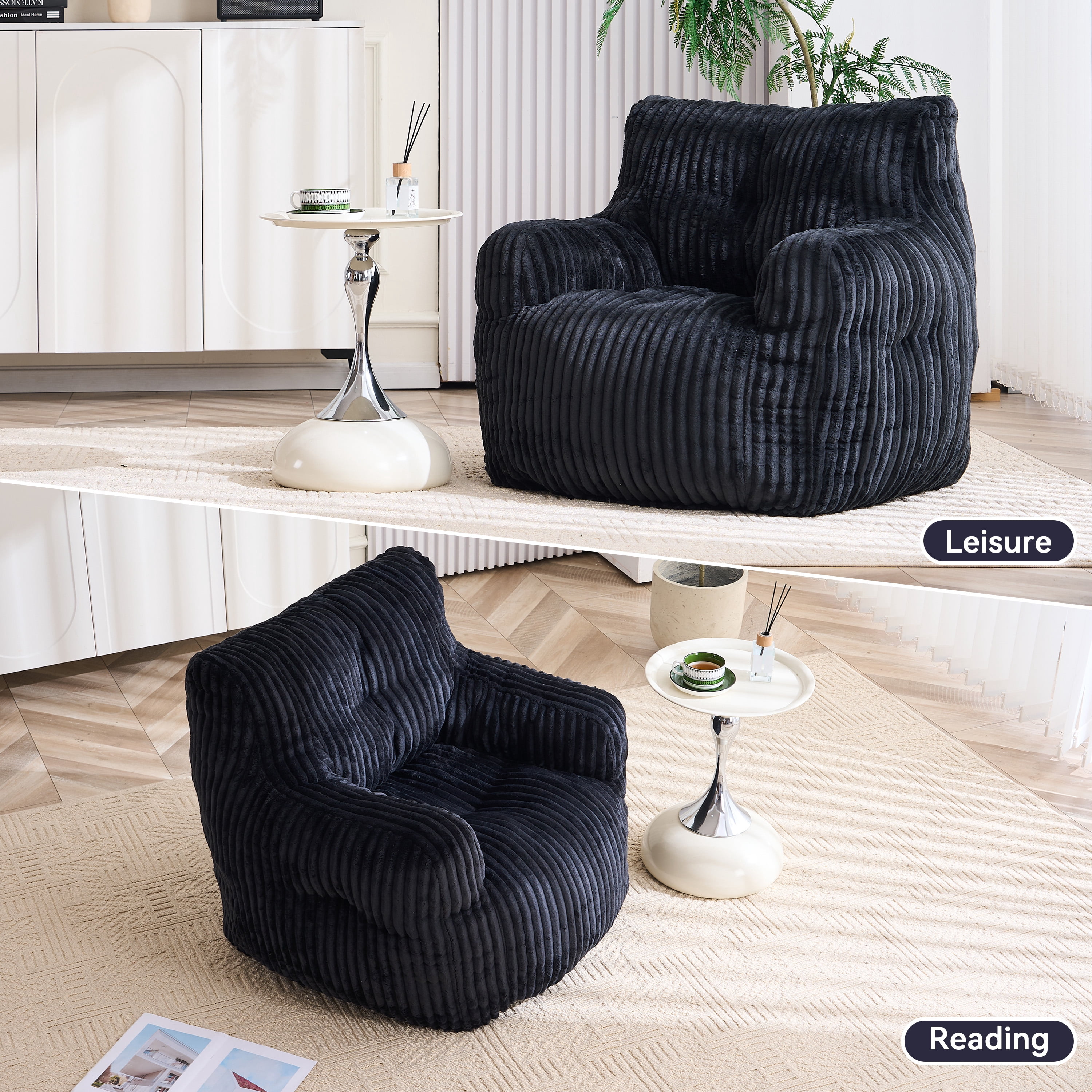 Soft Fluffy Corduroy Fabric Bean Bag Chair Filled With Memory Sponge,Black