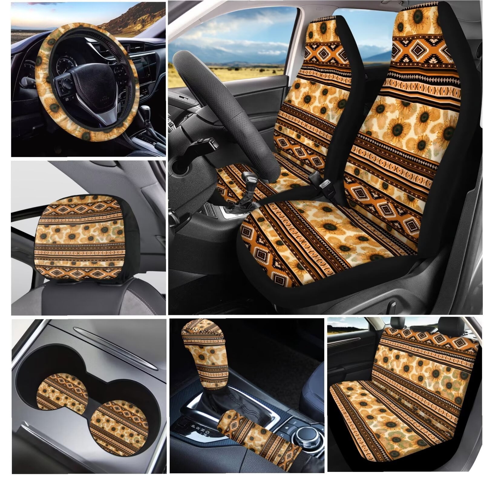 Garronmavis Aztec Sunflower Car Seat Covers Full Set for Interior Protection Decor Accessiores with Steering Wheel Wrap Gear Shift Cover Handbrake Sleeve Headrest Protectors Cup Coaster