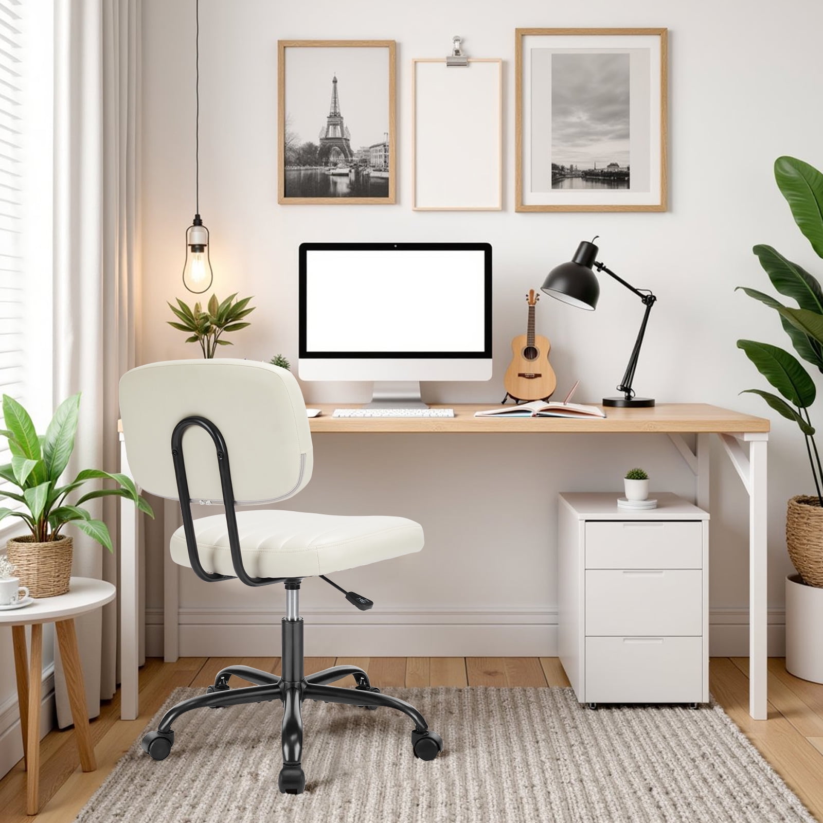 Cute Task Chair, Adjustable Armless Activity Chair with Wheels, Comfy Low Back Swivel Desk Chair, White