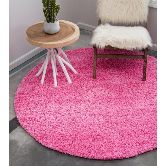 Rugs.com Solid Shag Collection Rug – 6 Ft Round Taffy Pink Shag Rug Perfect For Kitchens, Dining Rooms