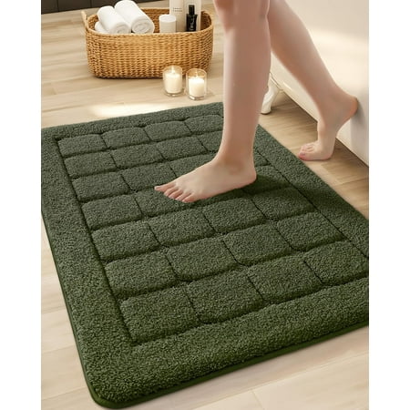 CF Ultra Soft Bathroom Rug, Non Slip Machine Washable Bath Mat with Rubber Backing, Plush Fluffy Absorbent Carpet for Bathroom Floor, Tub and Shower, 17"x30", Green