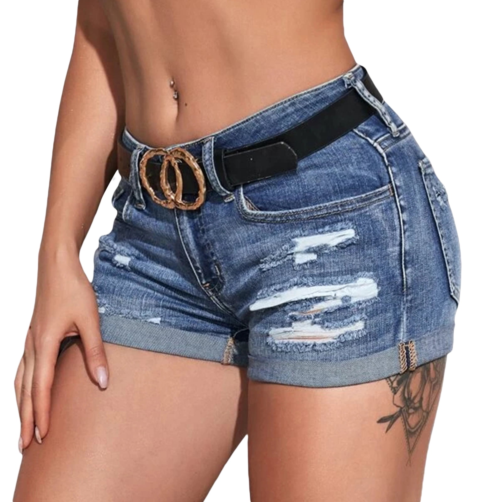 Women Shorts Mid Waist Strechy Skinny Roll Up Jeans Ripped Hole Shorts Casual Spray Paint Denim Pants 