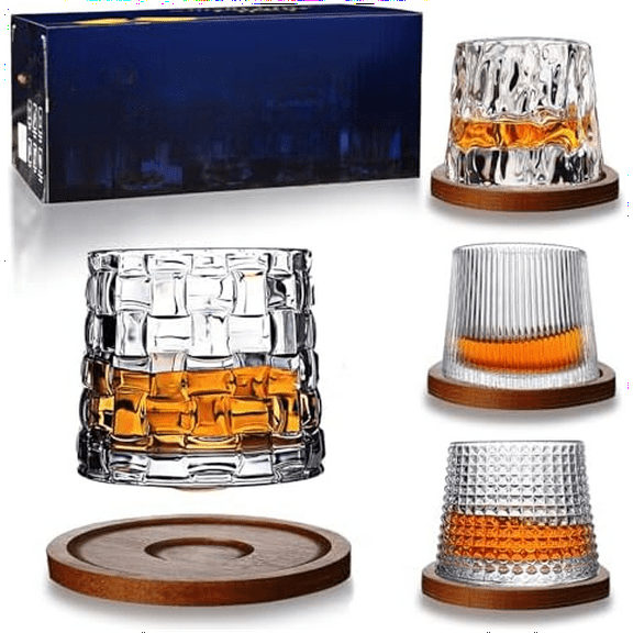 Whiskey Glasses Set 4，9 Oz Rotatable Tumbler Crystal Whiskey Glass, Drinking Glasses with 4 Pcs Creative Wooden Coasters and Gift Box - for Scotch,Bourbon,Cocktails