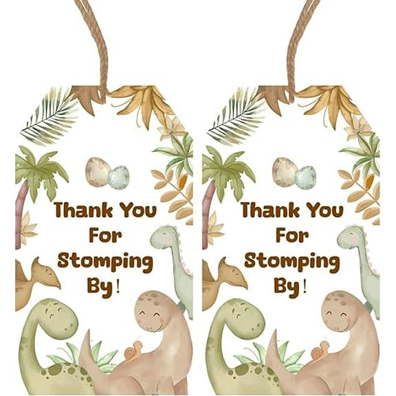 Serencatcher 50pcs Dinosaur Thank You Tags, Boho Dinosaur Baby Shower Decorations Thank You for Stomping by Gift Name Tags with String Beige Color for Dino Roar Birthday Gender Reveal Party Favors