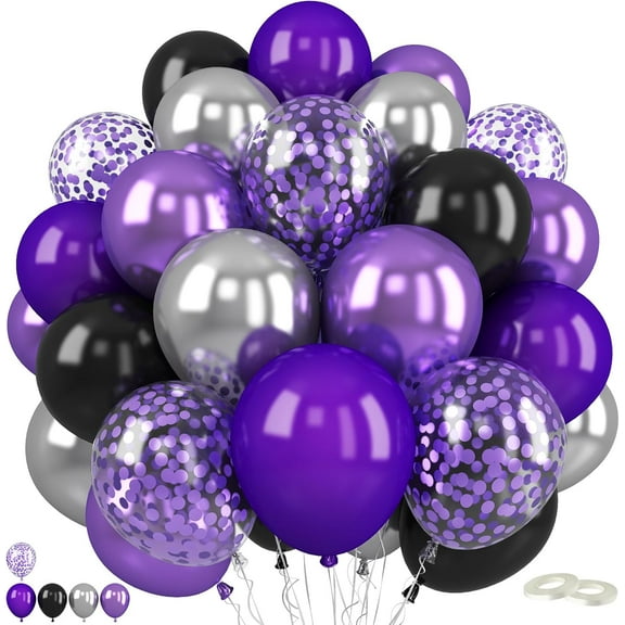 Janrevotw Purple and Black Balloons,60 Pcs 12 Inches Metallic Purple Metallic Silver Matte Black Purple Matte Black Balloons Confetti Balloons for Birthday Wedding,Halloween Party Decorations
