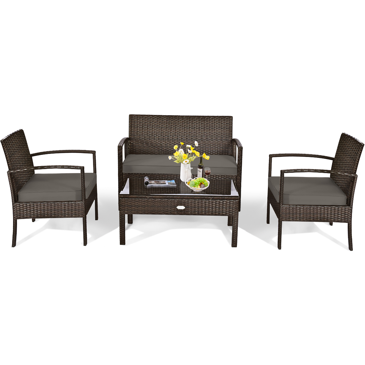 Patiojoy 4 Pieces Outdoor Patio Rattan Furniture Wicker Conversation Set Cushioned - image 4 of 5