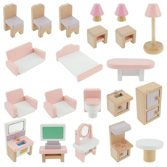 EIGTHTAIL 22 Pcs Meubles de Maison de Poupée en Bois pour Cuisine Salon Chambre Salle de Bain Chambre de Bébé Accessoires et Meubles de Maison de Poupée Bonbon Jouet pour Filles Garçons Enfants 3+