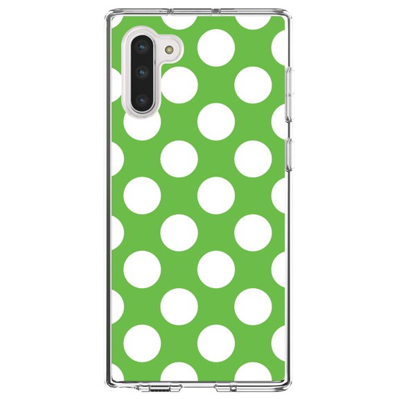 DistinctInk Clear Shockproof Hybrid Case for Samsung Galaxy Note 10 (6.3" Screen) - TPU Bumper, Acrylic Back, Tempered Glass Screen Protector - White & Green Polka Dots